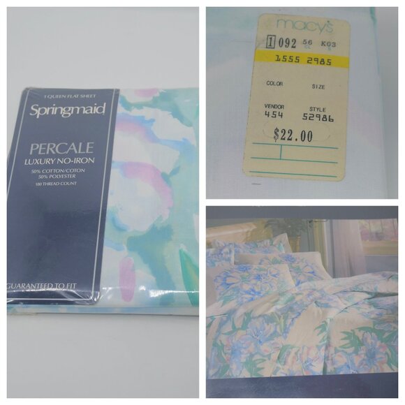 NOS Vintag SPRINGMAID Cynthia Floral Flat Luxury No-Iron Percale Queen Sheet USA - Picture 1 of 5